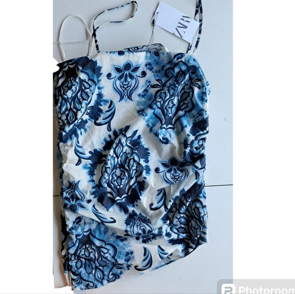 Zara Blue floral Spaghetti Strap side zip side rouch blouse top